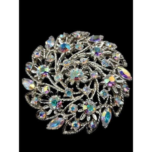 MJent Vintage Brooch Large Aurora Borealis Swirl Textured Silver Tone Setting - Picture 4 of 9